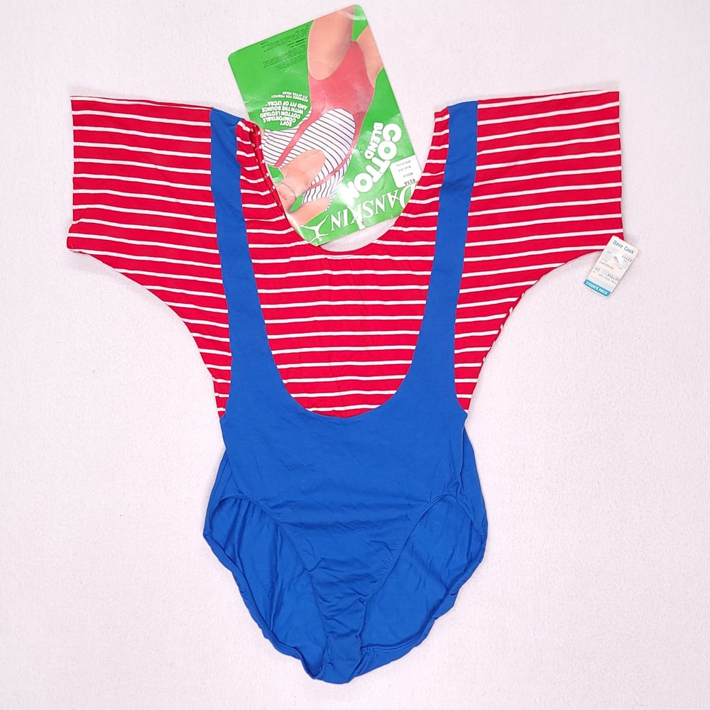 Vintage Danskin Leotard Regal Blue Red White Striped Womens‎ Medium NWT